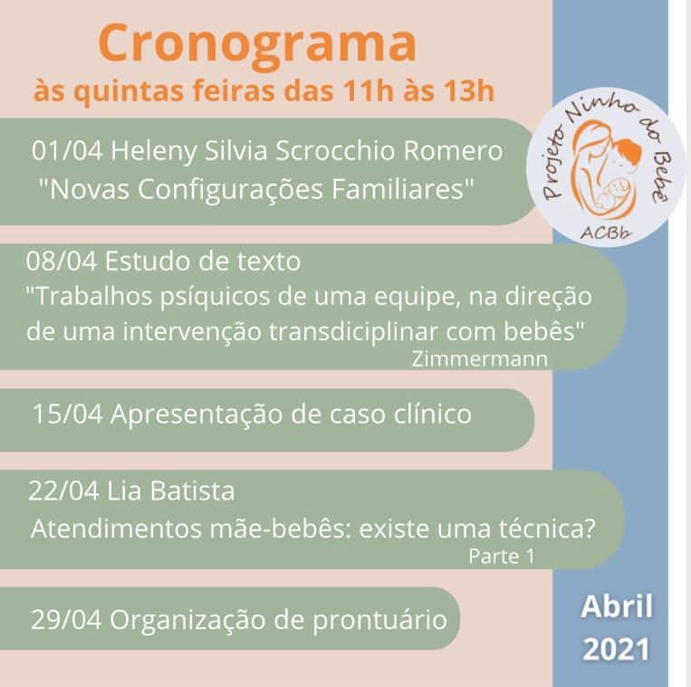 Cronograma do mês de Abril do grupo de estudos Projeto Ninho do Bebê