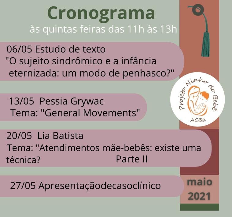 Cronograma do mês de Maio do grupo de estudos Projeto Ninho do Bebê