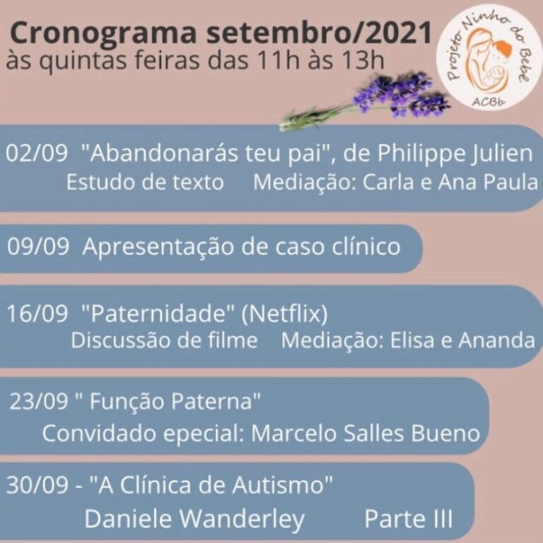 Cronograma do mês de Setembro do grupo de estudos Projeto Ninho do Bebê