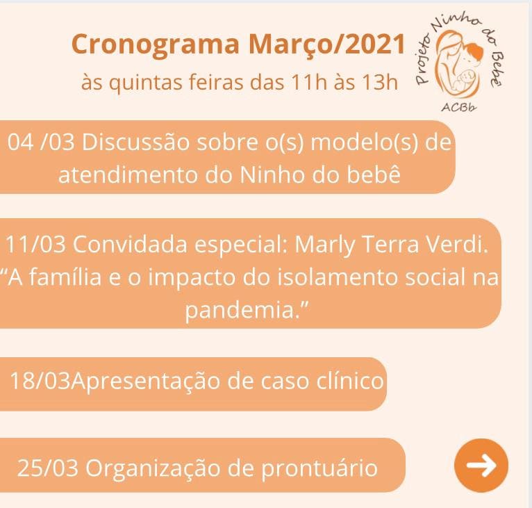 Cronograma do mês de Março do grupo de estudos Projeto Ninho do Bebê